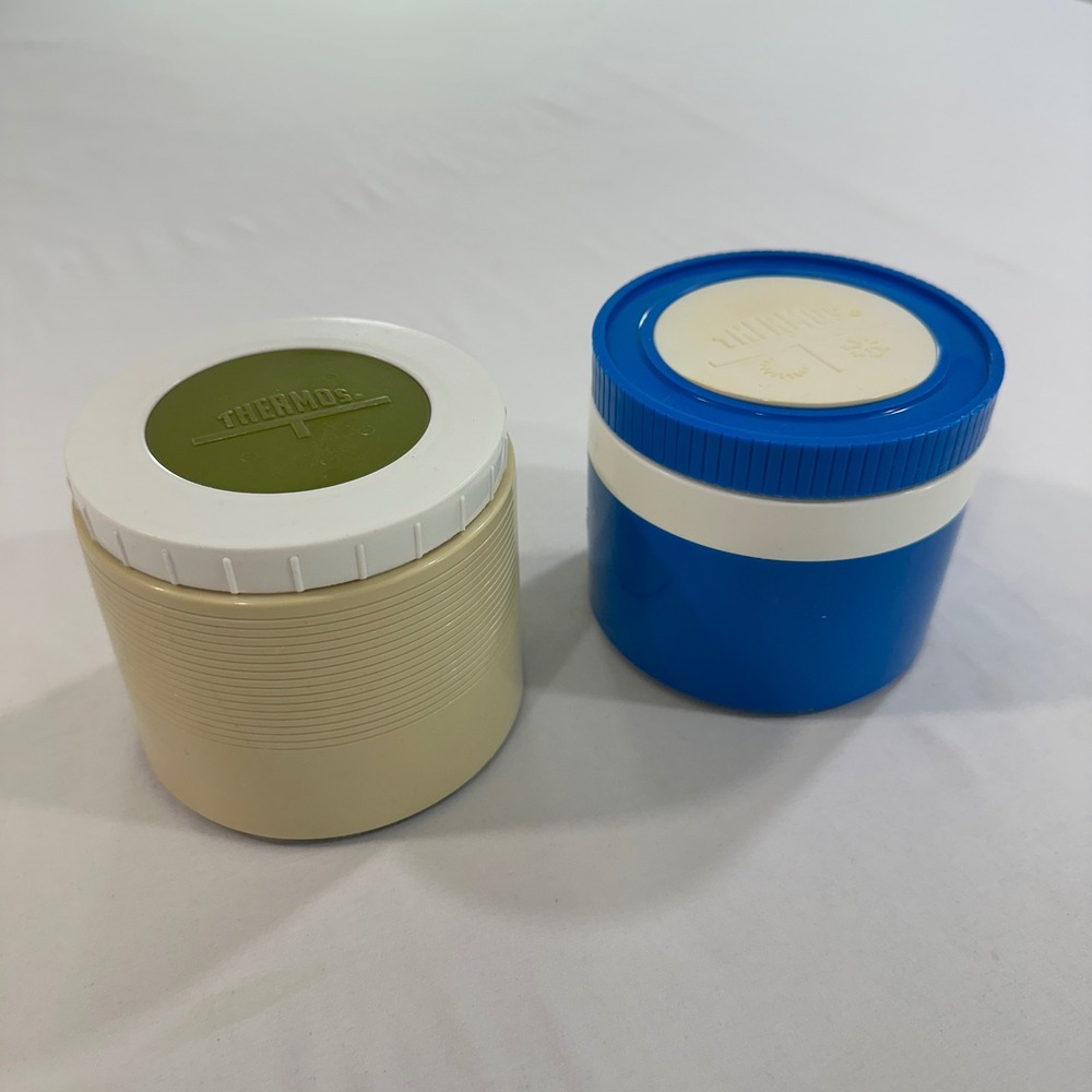 Vintage Thermos King Seeley 1155 Insulated Food Jars Blue Tan USA Lot of 2